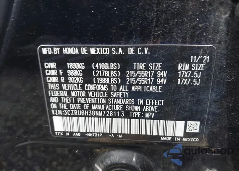 2022 Honda Hr-V Awd Lx из США, поврежденный, VIN 3CZRU6H38NM728113